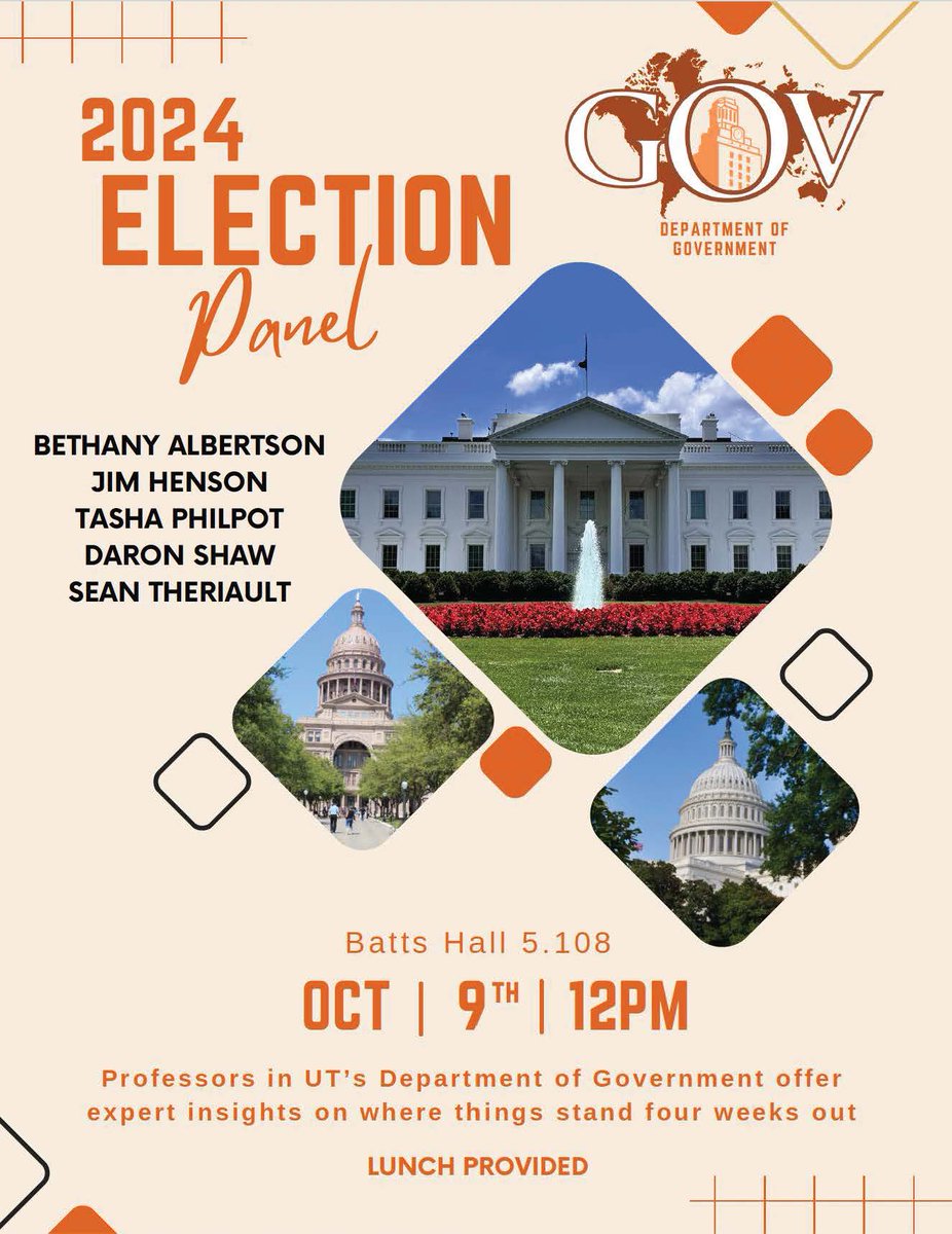 UT Government (@utgovernment) on Twitter photo Please join us for our Election Panel on Oct. 9th, when professors in the Department of Government will offer expert insights on where things stand four weeks out from the election. <a href="/LiberalArtsUT/">UT Liberal Arts</a> Please join us for our Election Panel on Oct. 9th, when professors in the Department of Government will offer expert insights on where things stand four weeks out from the election. <a href="/LiberalArtsUT/">UT Liberal Arts</a>