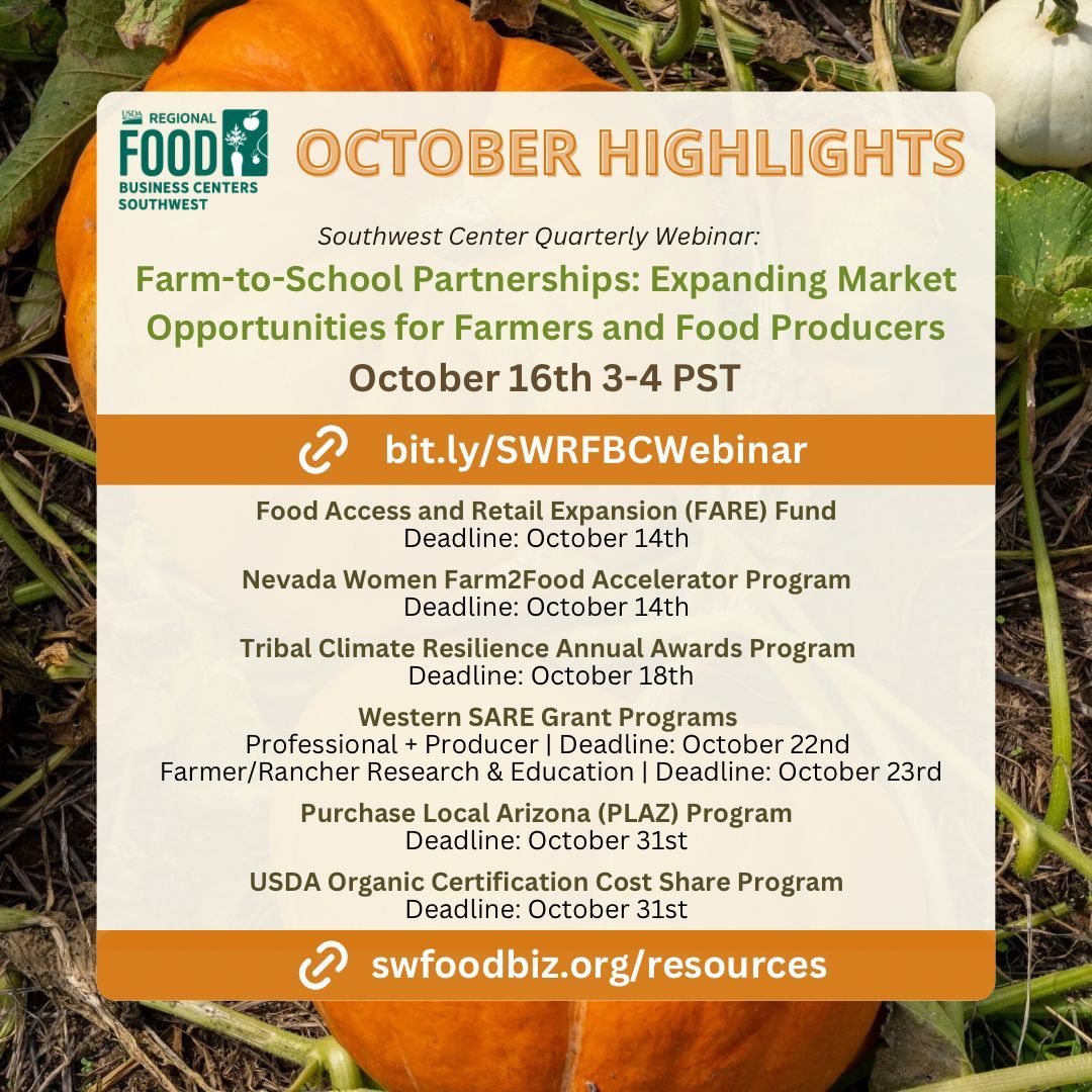 Happy first day of October from the #USDA Southwest Center! 🍂

Join our second quarterly webinar on October 16th 3-4 PT as we celebrate National Farm to School Month! Register at buff.ly/3XKbvP3.

Visit buff.ly/3XPSyKI to view available grant opportunities!