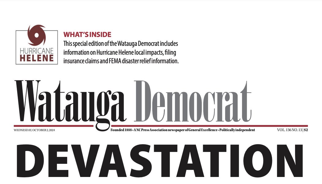 The Watauga Democrat has worked for the last 24 hours to assemble a print edition for this week that will be out later tonight. Along with what we print for our subscribers, we have printed thousands of extra copies to deliver to areas where people have not had access to power or