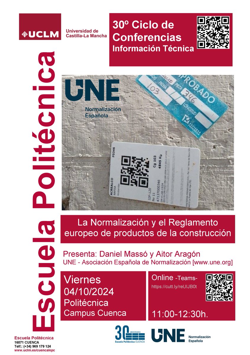 viernes 2024.10.04 a las 11:00 h presencial/TEAMS cutt.ly/reUIJB0t hablaremos de #normalización #calidad #reglamento con <a href="/Daniel_Masso/">Daniel Massó Aguado</a> y <a href="/ayt0r/">Aitor Aragón</a> de <a href="/NormasUNE/">UNE Asociación Española de Normalización</a>  en el 30º CICLO DE CONFERENCIAS <a href="/politecnicacu/">Politécnica Cuenca UCLM</a> <a href="/uclm_es/">Universidad de Castilla-La Mancha</a> #GIE #Edificación #IngenieriadeFuturo
