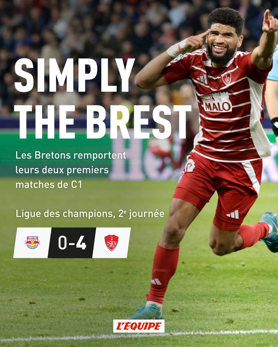 Brest crée la sensation en s'imposant largement sur le terrain du RB Salzbourg ! Deuxième victoire du club breton en autant de matches de Ligue des champions 
lequipe.fr/Football/match…