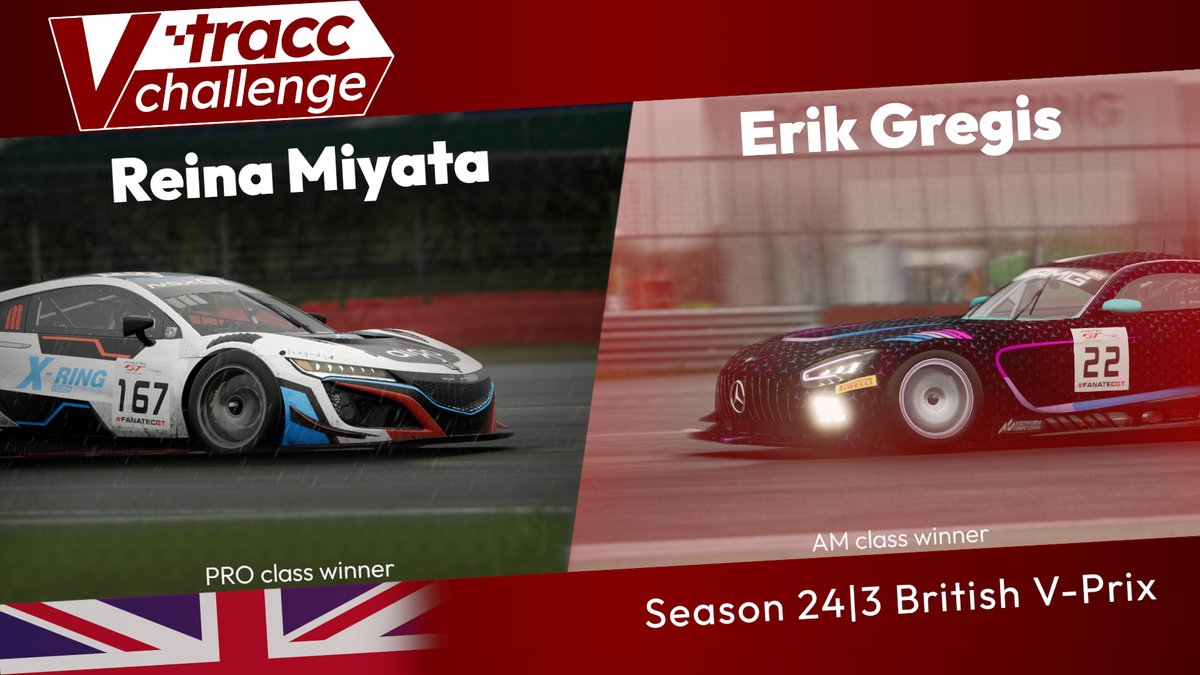 Winners from round 2 at <a href="/SilverstoneUK/">Silverstone</a>!
<a href="/MiyataReinaVTB/">Miyata Reina|CN Racing Vtuber</a> won the PRO class for <a href="/X_RingVRC/">X-Ring 赛灵 Vtuber Racing Club</a> in the <a href="/HondaRacingGLB/">Honda Racing Global</a> NSX GT3 Evo, while the AM class was won by <a href="/BanGreg22/">BanGreg</a> in the <a href="/amgmotorsport/">Mercedes-AMG Motorsport</a> GT3 Evo after a wet race of attrition.
Congrats to the class winners!