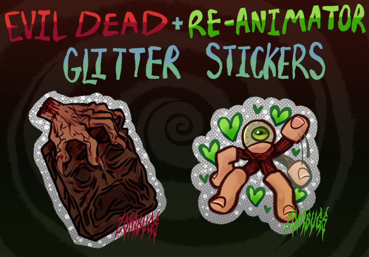 🕸️🦇 SURPRISE PART TWO! 🦇🕸️

EVIL DEAD &amp; RE-ANIMATOR GOODIES! i have been wanting to make merch for these two for a long time , and october is the best time to do it!

‼️ pre-orders will open 10/7 AT 1PM EST.  
‼️ ENDS 11/7 
‼️ will be sold through my ko-fi