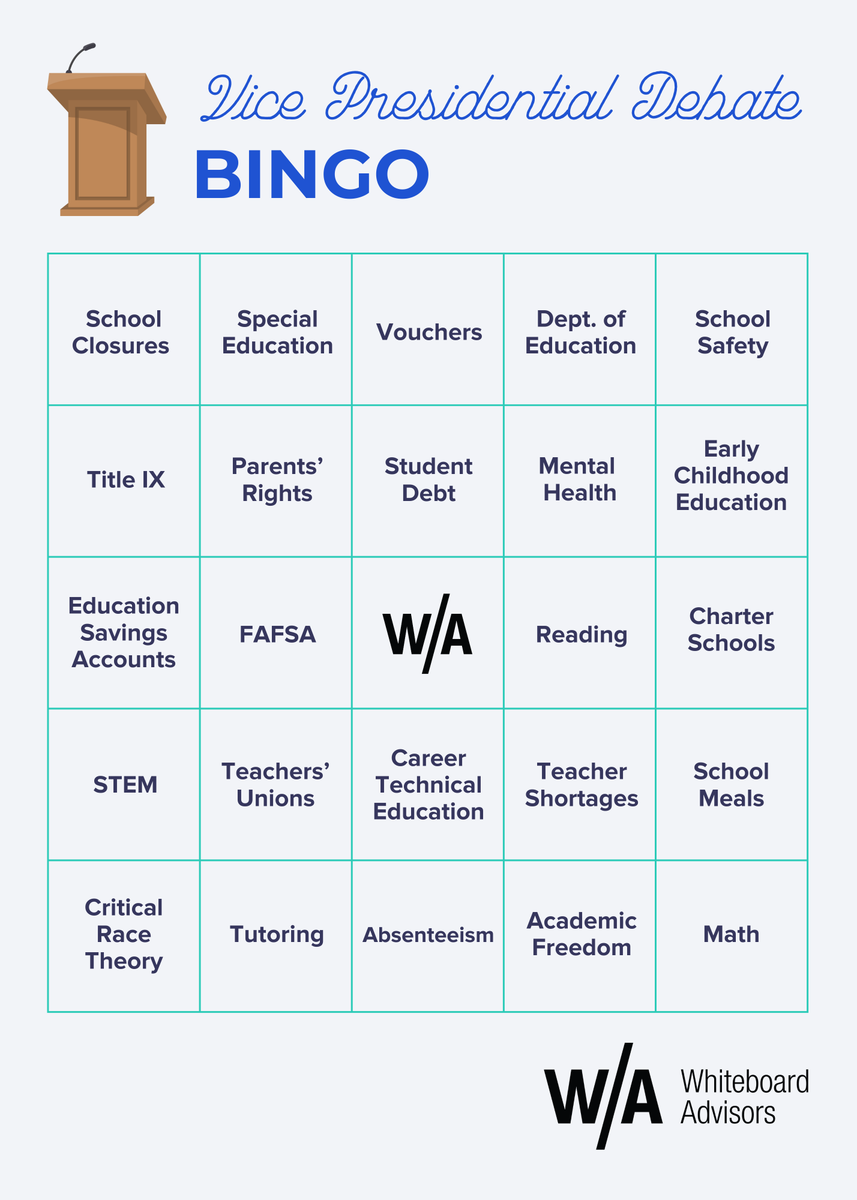 WhitebdAdvisor's tweet photo. ✅ You're not ready for tonight's Vice Presidential Debate until you’ve downloaded the official W/A “Veep Debate Bingo Card.”
Share your finished card as a comment, and tell us how you did for a chance to win a W/A branded Yeti mug.
#EducationPolicy #DebateGames #election2024 https://t.co/NS8KgbLPFY