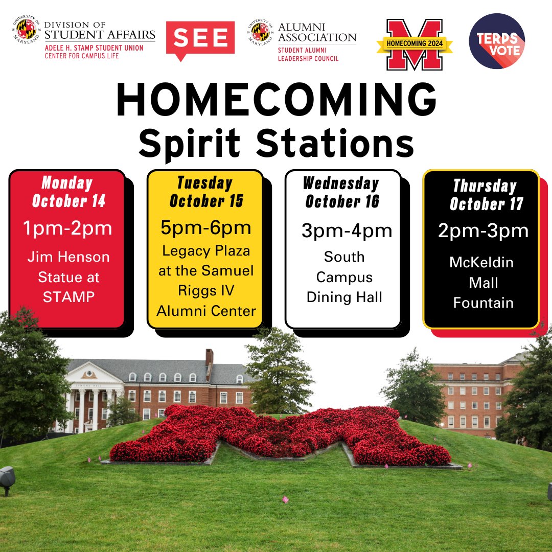 UMD Homecoming (@umdhomecoming) on Twitter photo Kick off Homecoming with pop-up Spirit Stations all over campus throughout the week!
Follow <a href="/UMDHomecoming/">UMD Homecoming</a> and @umdsalc on socials. Don't miss out—be the first to know by texting "UMDHOMECOMING" to 71444!
Let's show our Terp pride and make this Homecoming unforgettable! Kick off Homecoming with pop-up Spirit Stations all over campus throughout the week!
Follow <a href="/UMDHomecoming/">UMD Homecoming</a> and @umdsalc on socials. Don't miss out—be the first to know by texting "UMDHOMECOMING" to 71444!
Let's show our Terp pride and make this Homecoming unforgettable!