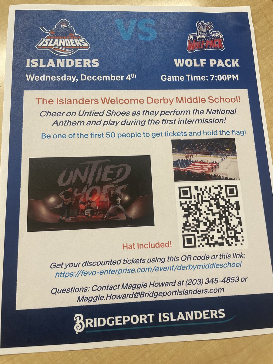 DerbyMiddle_CT's tweet image. The Bridgeport Islanders welcome DMS and the Un Tied Shoes on Wednesday, Dec. 4th @ 7pm. The first 50 to get tickets will have an opportunity to hold the flag on the ice!! 🏒🇺🇸🎸 ⁦@DerbyAthletics1⁩ #WeAreDMS