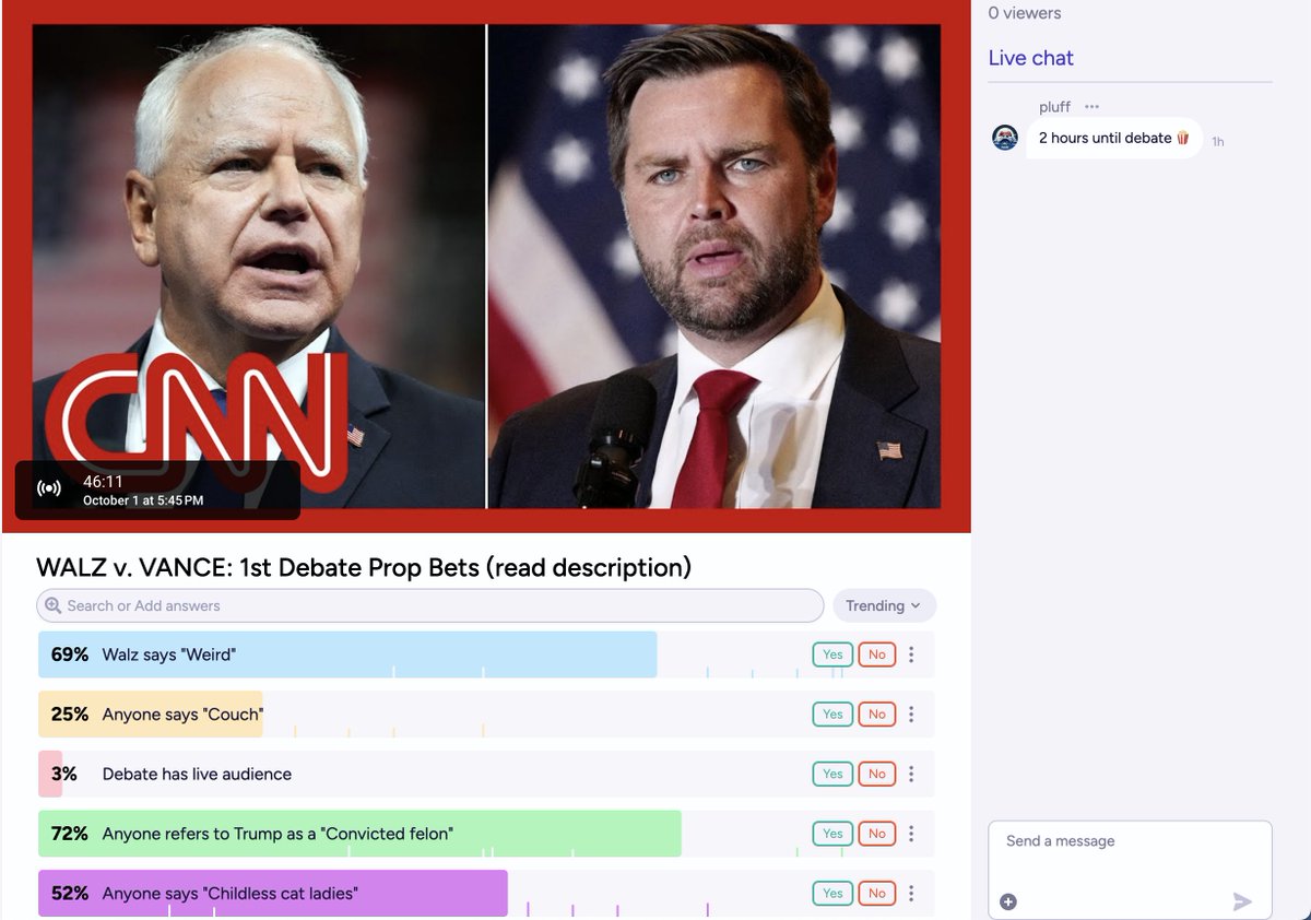 ManifoldMarkets's tweet photo. VP debate watch party in one hour on Manifold TV! https://t.co/rfllc1zelW