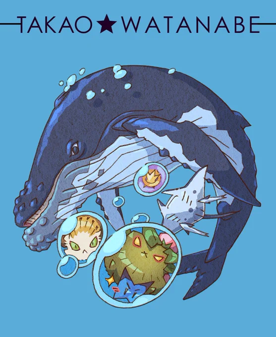 『海遊散歩』これは缶バッチ用に制作した絵です。バッチもせっかくならバッチ専用の絵を描きたい!と思って描いたのですが...今追加で三種の絵柄を検討中です!丸いフレームにうまく収まる絵柄を考えるのは意外と難しいですね～。#渡辺孝夫デジタル作品集 