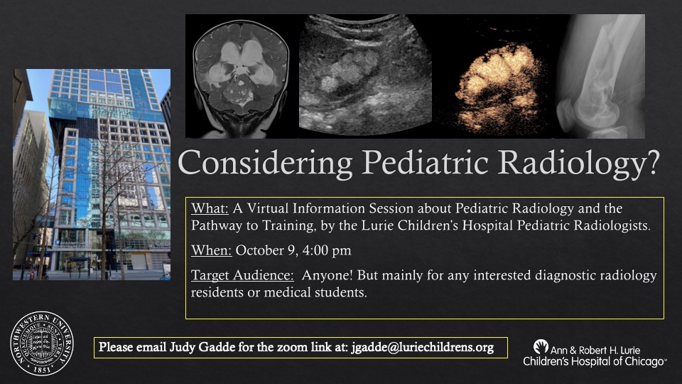 Lurie Peds Neurorads (@lurieneurorads) on Twitter photo 📢 We are hosting a Pediatric Radiology Information Session at <a href="/LurieRad/">Lurie Children’s Radiology</a> on 10/9/2024 at 4pm Central! Any and all are welcome! Come to learn more about #PedsRad & #PediNeuroRad! 👶
Please email/contact <a href="/JudyGadde/">Judy Gadde, DO, MBA</a> for the Zoom link! 📢 We are hosting a Pediatric Radiology Information Session at <a href="/LurieRad/">Lurie Children’s Radiology</a> on 10/9/2024 at 4pm Central! Any and all are welcome! Come to learn more about #PedsRad & #PediNeuroRad! 👶
Please email/contact <a href="/JudyGadde/">Judy Gadde, DO, MBA</a> for the Zoom link!