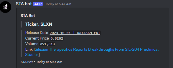STABot_'s tweet photo. $SLXN $BCTX

Two incredible headlines resulting in movement in the early AM's of the pre-market! https://t.co/HTXZD5DE46