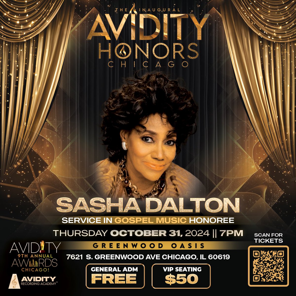 1DerrickHuggins's tweet photo. The Avidity Recording Academy is excited to honor our “Service in Gospel Music” honorees, @NateDKnox and @sashadaltonn1.

We will celebrate Dr. Knox and Sasha at the Inaugural Avidity Honors on Thurs, Oct 31, 2024 at the Greenwood Oasis, 7621 S. Greenwood Avenue, Chicago, Illinois 60619!

General Adm is FREE, but a ticket is required for entry. VIP tickets are $50. For tickets and more information about the Avidity Honors and the Avidity Awards, visit our website at https://t.co/8xk88skzPs