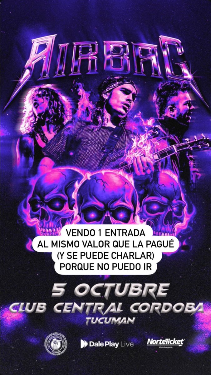 EstefiLoisa's tweet photo. ‼️‼️ Vendo 1 entrada para Airbag en Tucumán al mismo precio que la pagué (incluso se puede charlar). 
Es de mi hermana que no puede acompañarme!! https://t.co/cK6C85Q8rR