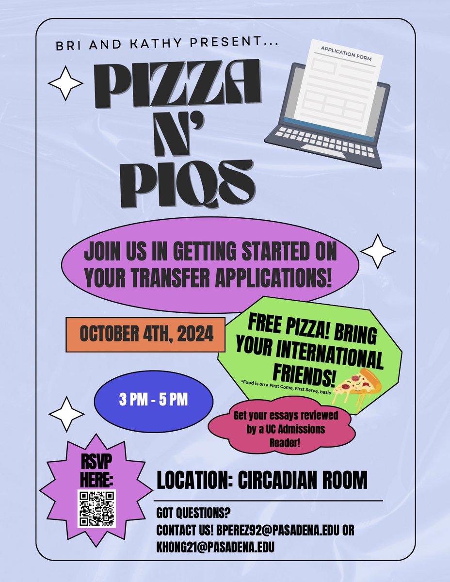 ISCLancer's tweet photo. Pizza N' PIQs. Get started on your transfer application! Free Pizza! Bring your international friends. 

Date: Friday, 10/04/2024
Time: 3-5pm
Location: Circadian

Questions? Email bperez92@pasadena.edu OR khong21@pasadena.edu https://t.co/sTACnT0FFc