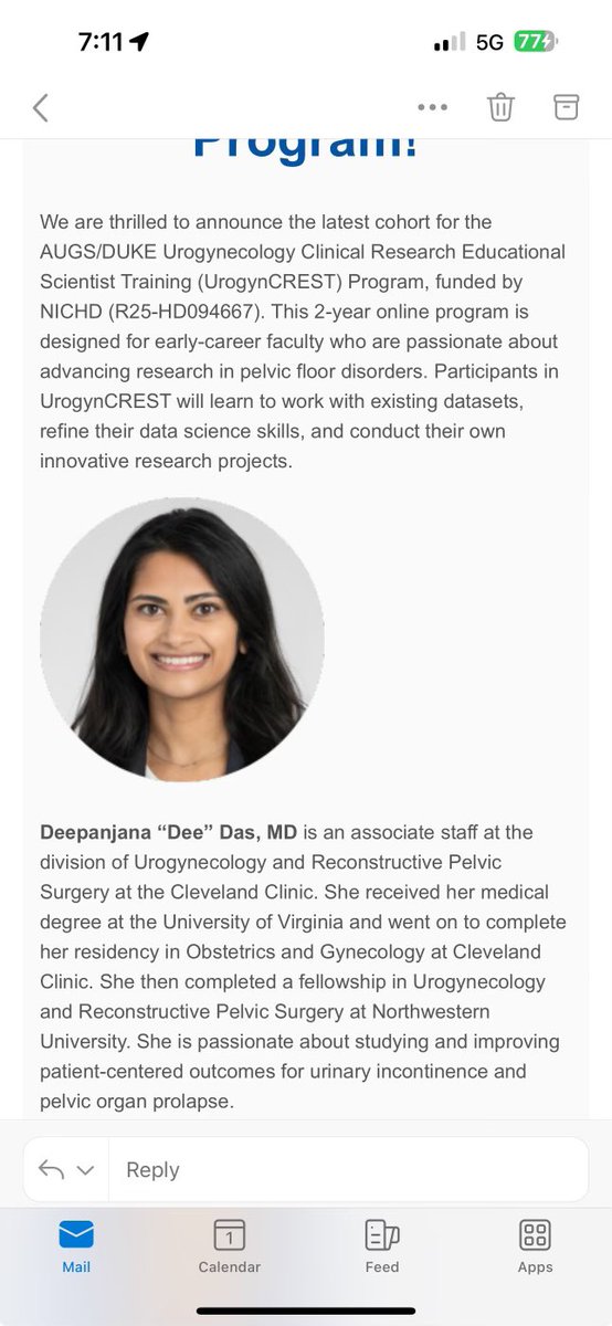 Our very own @CLEClinicUrogyn <a href="/DeeDasMD/">Dee Das</a> was accepted into the prestigious <a href="/urogynsociety/">AUGS</a> CREST research program! Kudos and congratulations!