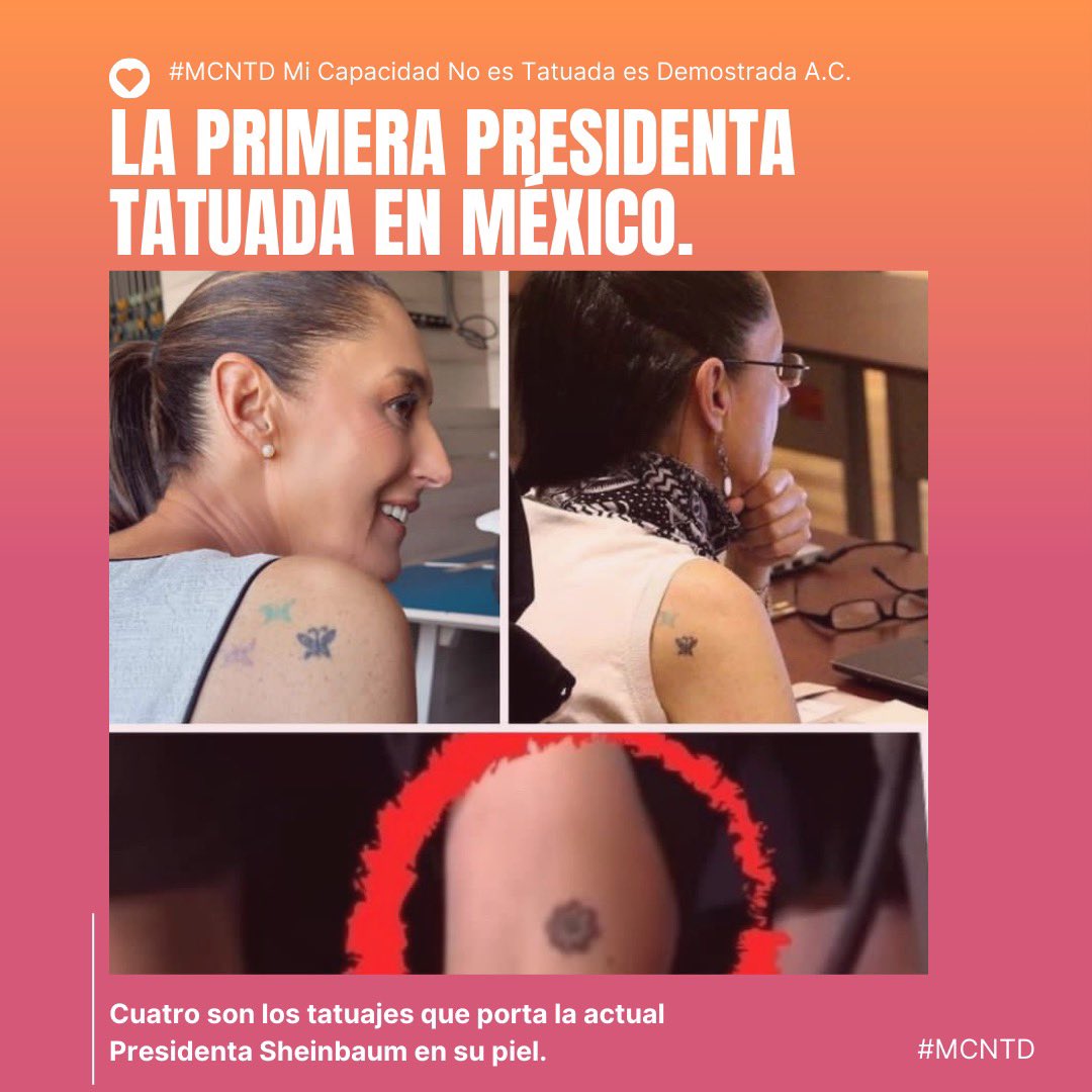 MCNTD's tweet photo. Hoy tomó posesión @Claudiashein la primera PresidentA en la historia de México y se unirá a las 28 mujeres que actualmente son jefas de Estado o de gobierno en todo el mundo (además porta tatuajes 🔥 😎). #MCNTD #ENNDMC #FamiliaTatuada https://t.co/qlACSZFsQH