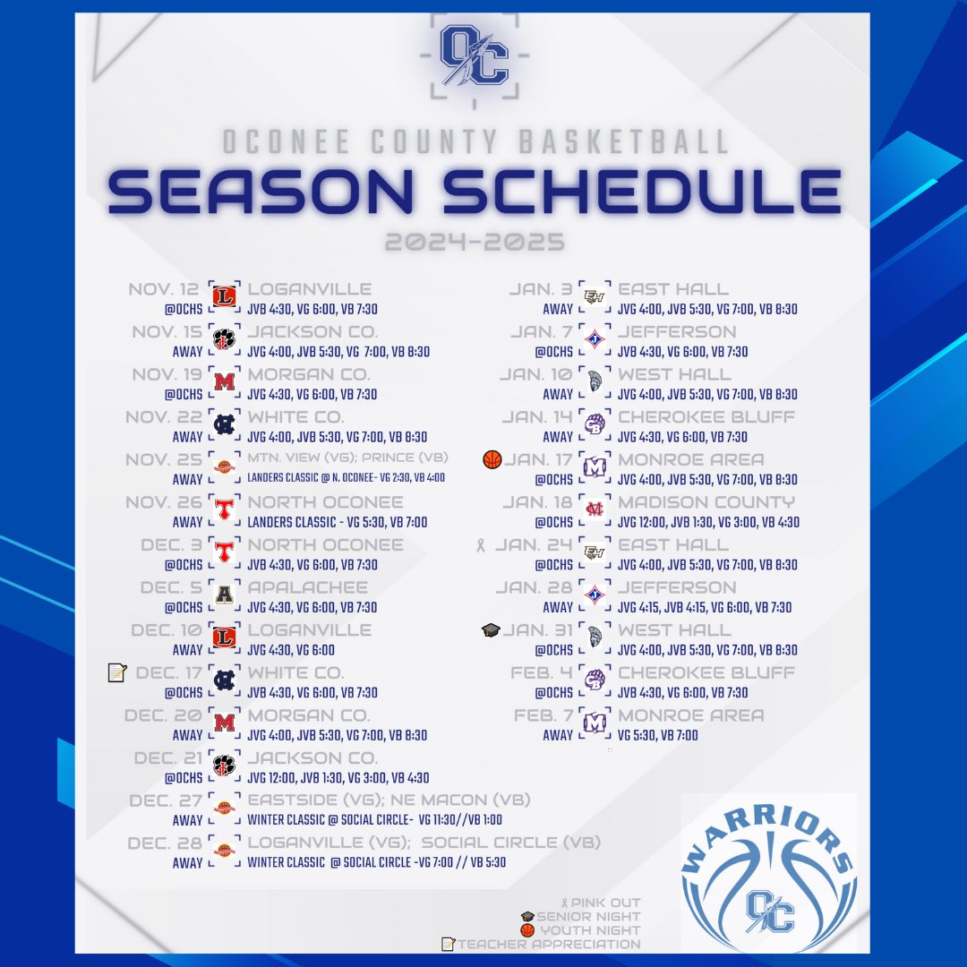 Community support means so much to our team! Here’s the ‘24-‘25 regular season schedule. Show up if you appreciate hustle. Show up if you like a team that plays with both joy &amp; purpose. Show up if you bleed Blue; We can’t wait to see You!
#warriorswork