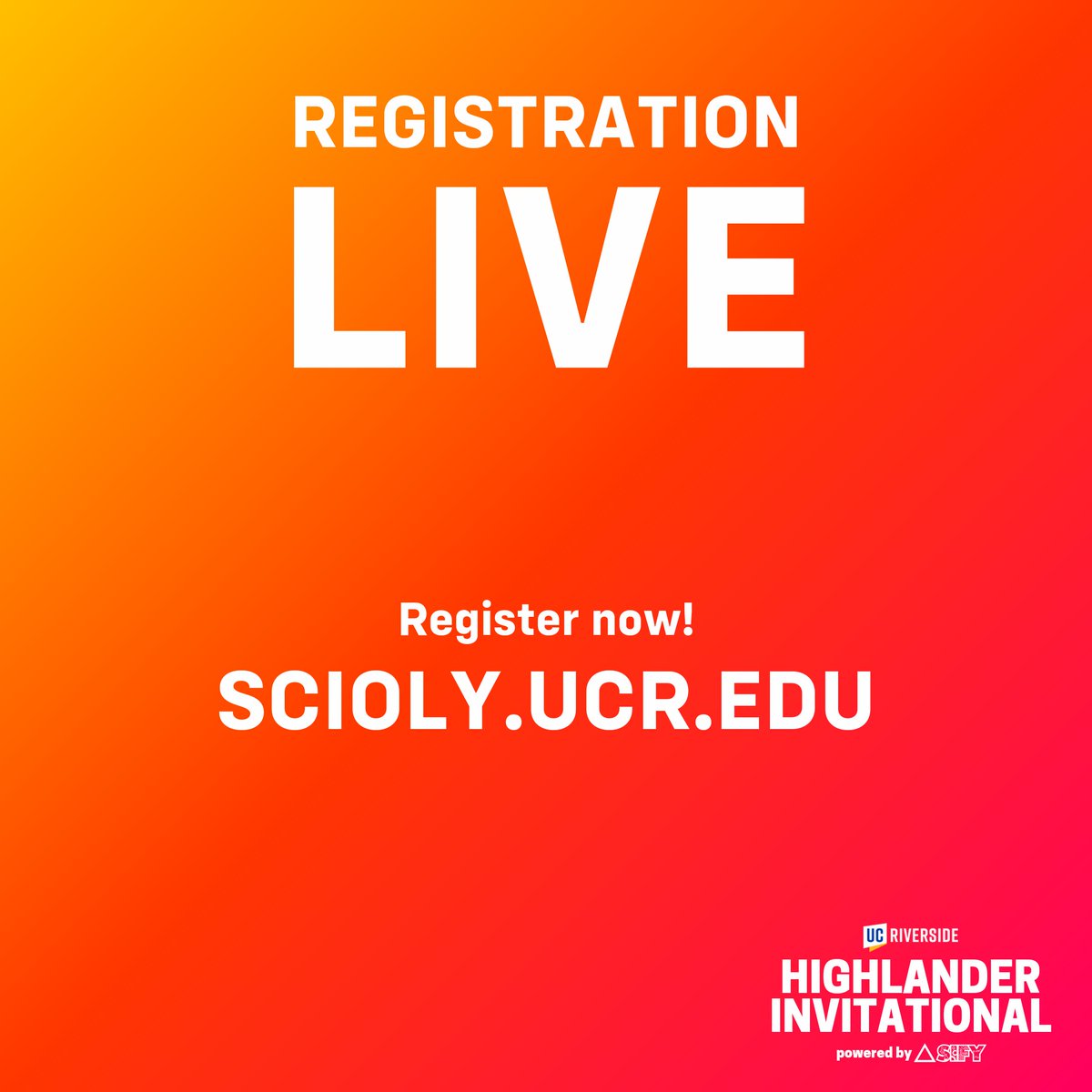 Registration for the 2025 UCR Highlander Invitational is now LIVE. Visit scioly.ucr.edu (link in bio) to register for the premier Inland Empire STEM competition today. Registration will be open from October 1, 2024 and close on December 1, 2024.
