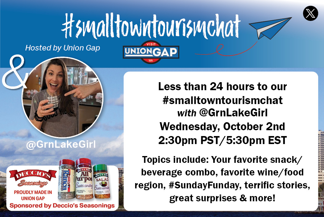 UnionGapWA's tweet photo. We're looking forward to our #SmallTownTourismChat with #GrnLakeGirl! She's a multiple time cohost, loves a bit of #wine now & then & has even visited us TWICE here in #UnionGapWA. She's always high energy & ready for her next adventure. Come join us! on Wednesday, Oct 2!π· https://t.co/XHXKkDHHkk
