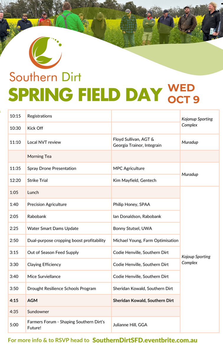 PROGRAM RELEASE!

With a full day, field bus tour, an amazing line up, full catering &amp; update on all things Southern Dirt - you won't want to miss our Spring Field Day next Wednesday (Oct 9). 

Everyone is welcome, we have kept tickets free for all!

SouthernDirtSFD.eventbrite.com.au
