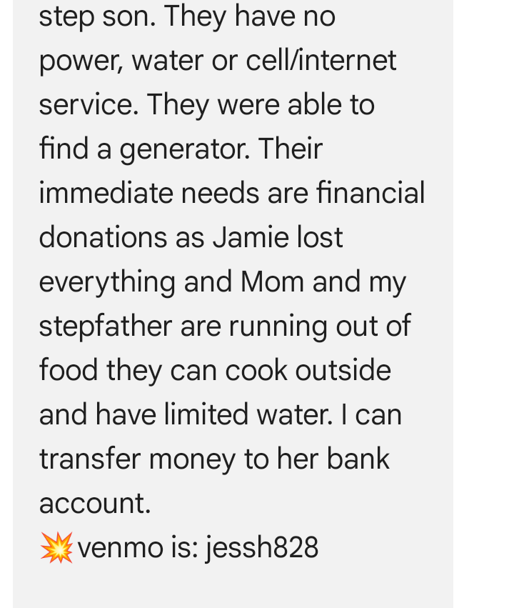 My friend, and work supervisor,Jamie Guinn, lost his wife, in a landslide during the tropical storm that hit western North Carolina over the weekend. Her body was found today. Please see the Venmo donation account in the photo. He did save his son. Thank you, Ron McGovney.