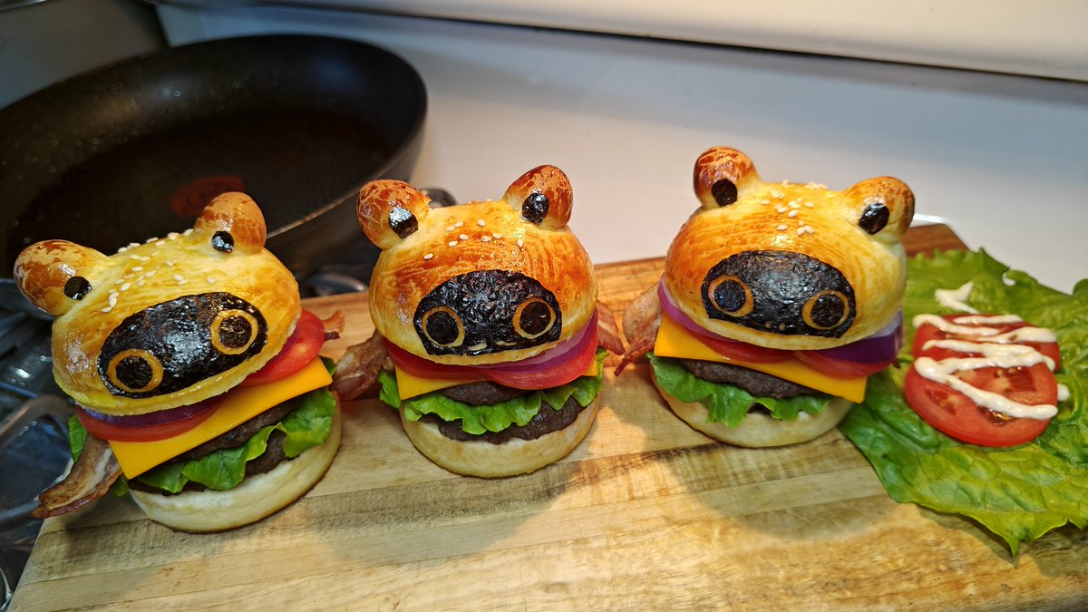 Cheesetopia's exclusive specially handcrafted Three Burger Bros. Brioche buns with double patties, cheese, bacon, lettuce, tomatoes, and onions, topped with aioli. A meal fit for an Overlord. #zzzero #HoYocreators #zzzfanart #overlordsfeast #burgers