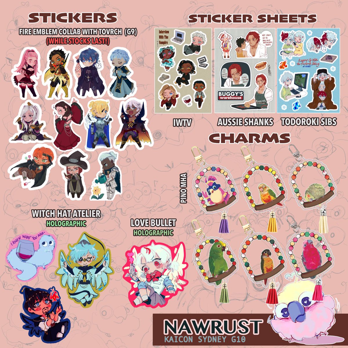 BEHOLD my catalogue for <a href="/KaigaConvention/">⭐ 𝙆𝙖𝙞𝙜𝙖 𝘾𝙤𝙣𝙫𝙚𝙣𝙩𝙞𝙤𝙣 ⭐</a> Sydney this weekend (OCT 5-6) with <a href="/Spilled_Te/">SpilledTe - Susahao Guy</a> ☕️! Talk to us about cute girls and show me your birds pls 🙏 Come for FE3H, Ace Attorney (asougi prints as promised), MHA &amp; more!