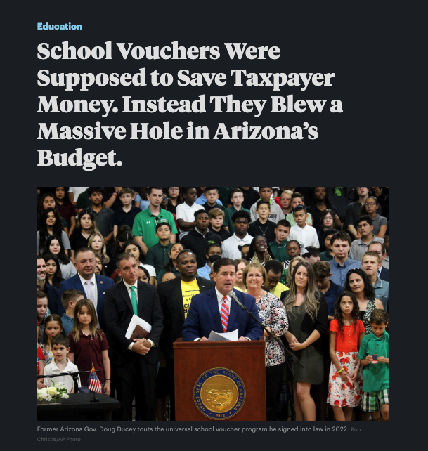 onetvpac's tweet photo. Read: School Vouchers Were Supposed to Save Taxpayer Money. Instead They Blew a Massive Hole in Arizona’s Budget.

This is exactly the model extremist candidates want for our schools.

https://t.co/oqVvtPuLXH

#1tvpac #OneTemeculaValleyPAC #Temecula #Murrieta https://t.co/ePZQQM1mF7