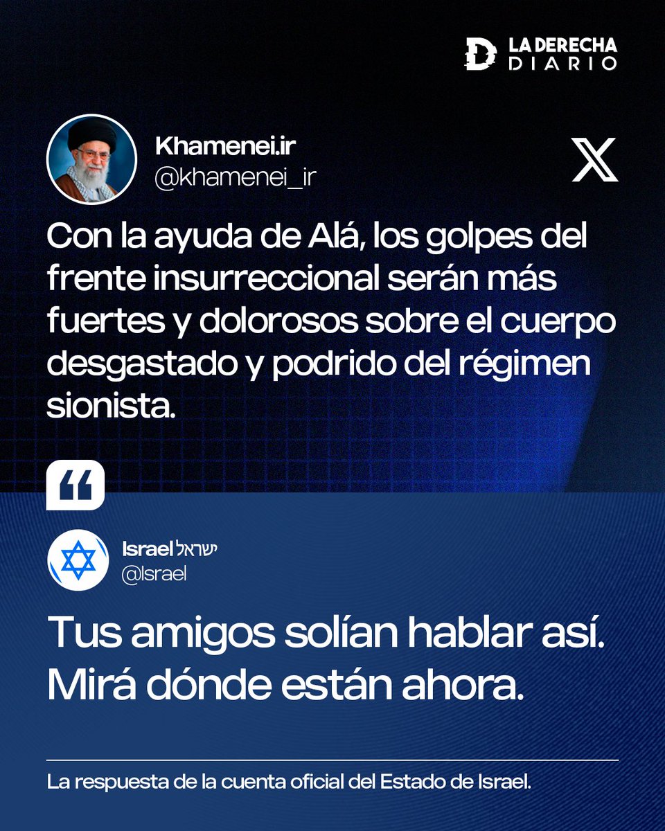 laderechadiario's tweet photo. 🇮🇱🇮🇷 | El dictador sanguinario de Irán, Ali Jamenei, publicó un tweet en hebreo para insultar a Israel. La cuenta oficial del Estado judío le respondió en persa: "Tus amigos solían hablar así, mirá dónde están ahora".
