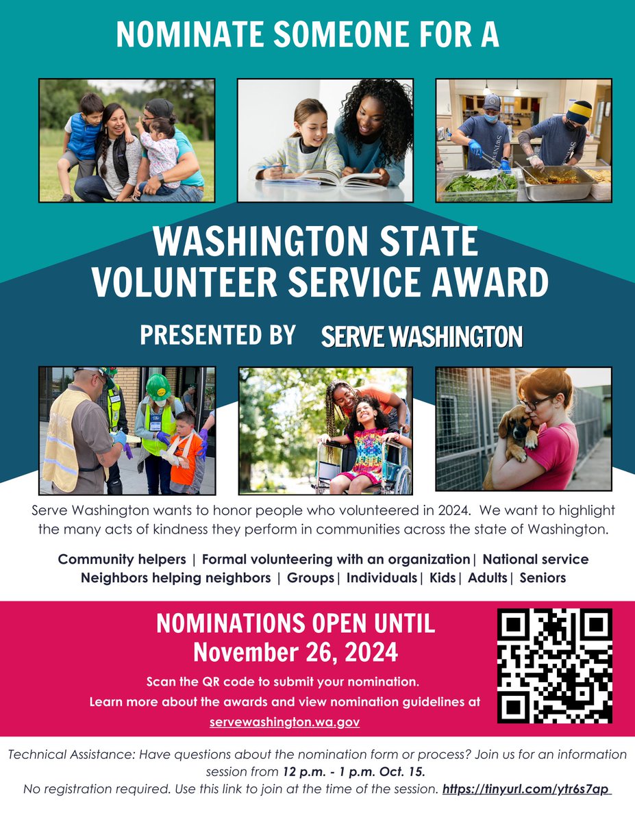 The nomination period for the Washington State Volunteer Service Awards is now open!  If you know a volunteer (s) who goes above and beyond to make a difference in their community, nominate them!  

Nominations close 11/26.  Learn more: servewashington.wa.gov/volunteer/wash…