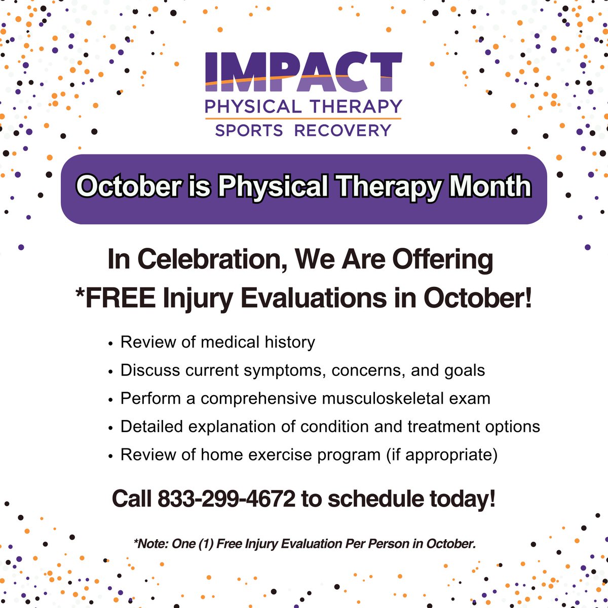 ImpactPt's tweet photo. October is Physical Therapy Month, and we’re celebrating by offering FREE injury evaluations all month! Whether you’re dealing with a nagging pain or recovering from an injury, get a professional assessment and start your path to recovery. call and schedule today! https://t.co/rI34LKeCct