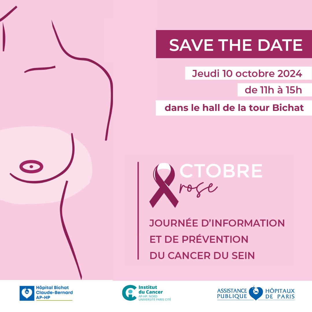 Hôpital Bichat - Claude-Bernard AP-HP (@hopitalbichat) on Twitter photo J-10 | 🎀 #OctobreRose2024
👉 Rendez-vous le jeudi 10 octobre de 11h à 15h dans le hall de la tour de <a href="/hopitalbichat/">Hôpital Bichat - Claude-Bernard AP-HP</a> <a href="/APHP/">Assistance Publique – Hôpitaux de Paris (AP-HP)</a> avec l’équipe du service de gynécologie du Pr Martin Koskas.
Au programme : informez-vous sur le dépistage, parlez sport, beauté et féminité et ateliers ! J-10 | 🎀 #OctobreRose2024
👉 Rendez-vous le jeudi 10 octobre de 11h à 15h dans le hall de la tour de <a href="/hopitalbichat/">Hôpital Bichat - Claude-Bernard AP-HP</a> <a href="/APHP/">Assistance Publique – Hôpitaux de Paris (AP-HP)</a> avec l’équipe du service de gynécologie du Pr Martin Koskas.
Au programme : informez-vous sur le dépistage, parlez sport, beauté et féminité et ateliers !