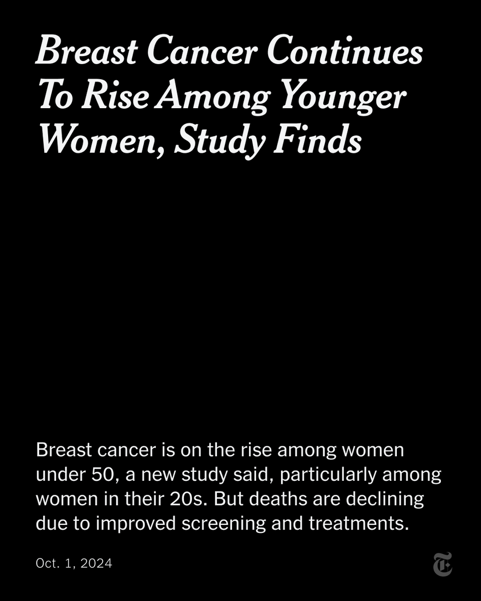 nytimes's tweet photo. Rates of breast cancer — the second leading cause of cancer deaths in U.S. women — rose among those under 50 and among Asian American/Pacific Islander women of all ages, a new study said.
https://t.co/ylyPQ5J3it https://t.co/6ScE23vUKp