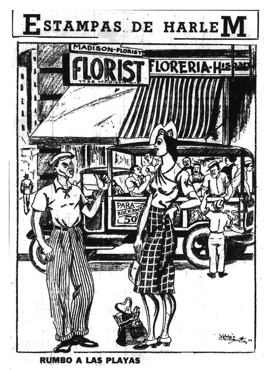 How about an #ArchivesOntheRoad trip to the beach? This sketch, by José Valdés Cadilla, published in New York's La Voz depicts a car rental service that families would employ. (Las estampas de Harlem Collection) usldhrecovery.uh.edu/items/show/3840 #archiveshashtagparty #usLdh #apprecovery