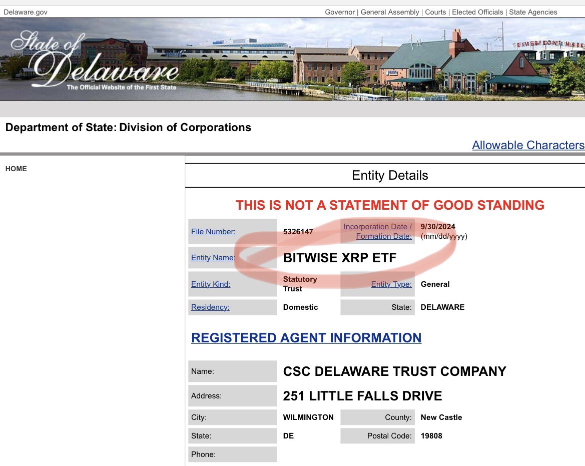 🚨SCOOP: Crypto asset manager @BitwiseInvest has filed in the state of  Delaware for an $XRP ETF. More details to come. Stay tuned. 😁