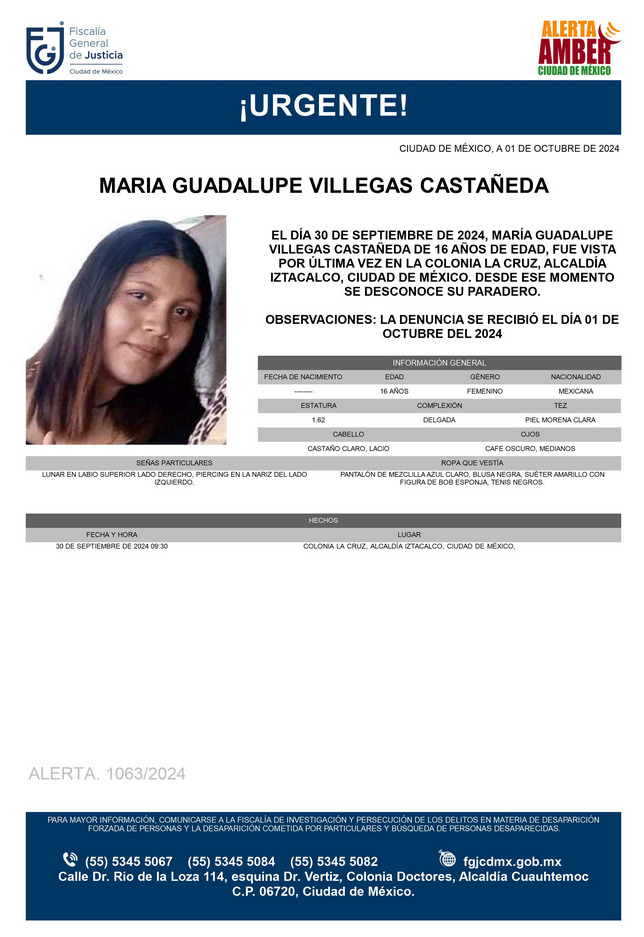 Se activa #AlertaAmber para localizar a una menor de 16 años de edad, de nombre María Guadalupe Villegas Castañeda, fue vista por última vez el día 30 de septiembre de 2024 en la colonia La Cruz, alcaldía Iztacalco