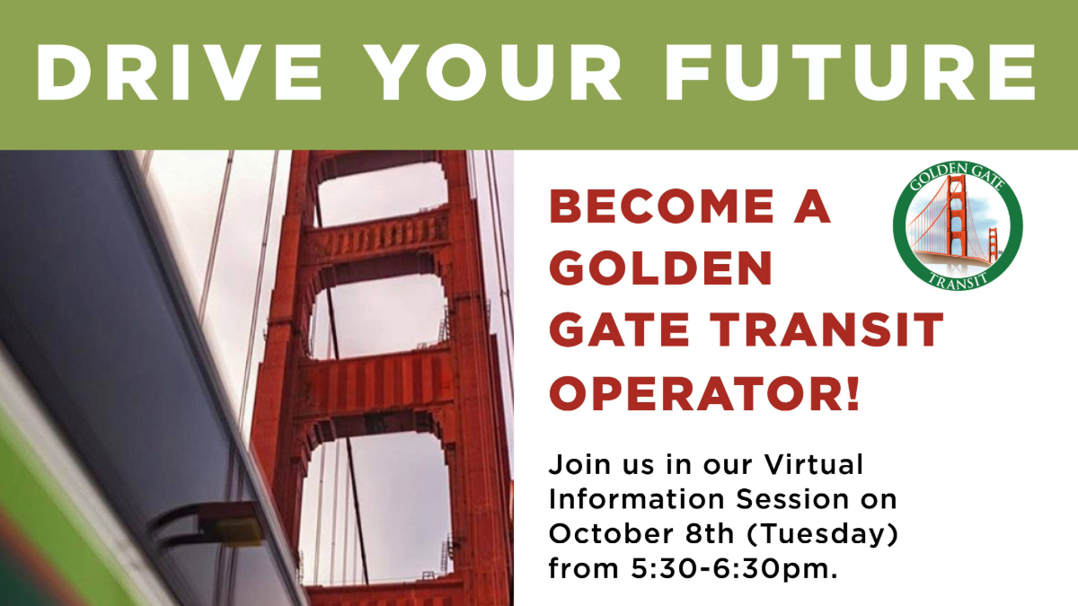 GoldenGateBus's tweet image. Drive your career as a bus operator for Golden Gate Transit! Join our information session on Tuesday, 10/8, from 5:30 - 6:30pm to hear about the great pay and benefits, plus ask questions! Register here: ow.ly/Q1im50TAzML

 #GoldenGateTransit #BusOperatorLife 🚌