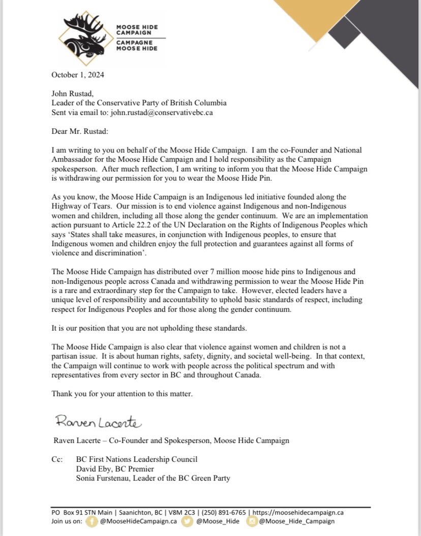 The Moose Hide Campaign is withdrawing permission for BC Conservative leader John Rustad to wear a Moose Hide Pin. #bcpoli
