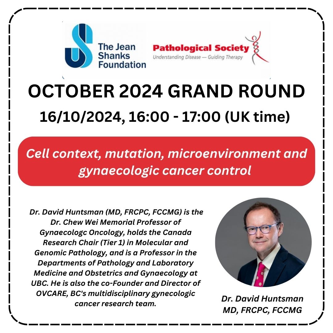 Join us tomorrow for an insightful discussion from Dr. David Huntsman titled 'Cell context, mutation, microenvironment and gynaecologic cancer control' for our October Pathology Grand Round lecture! 🧪

Register here: us06web.zoom.us/webinar/regist…