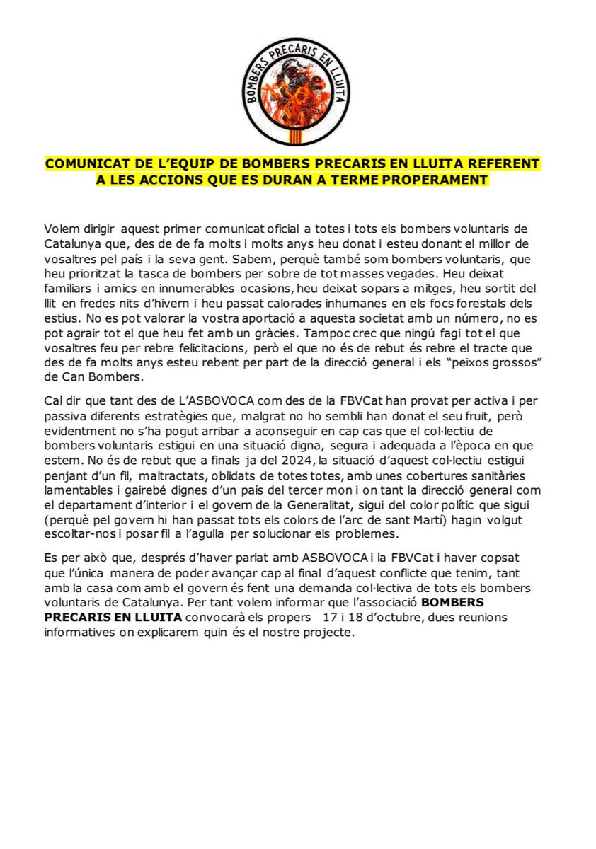 FBVCat's tweet photo. Des de @BombersPrecaris volen compartir aquest comunicat 

Força companys, estarem al vostre costat! https://t.co/zMw22REH3o
