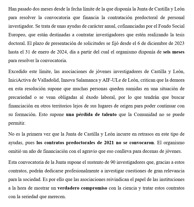 INNOVASalamanca's tweet photo. ‼️ La Junta de Castilla y León concentra dos meses de retraso en la resolución de los contratos predoctorales 
 
Las asociaciones de jóvenes investigadores @IniciactivaUVa @AIF_unileon @INNOVASalamanca denunciamos la incertidumbre por la que tienen que pasar los afectados https://t.co/cIaZJ50UZz