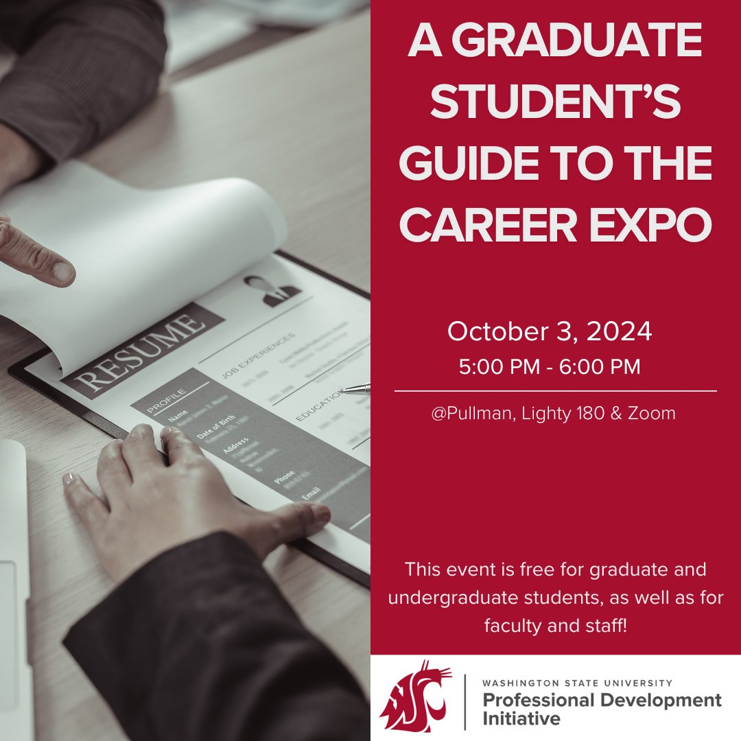 Hey Cougs! 🚀💼
Ready to land your next opportunity? Join us on October 3rd from 5-6 PM (in-person at Lighty 180 or via Zoom) to learn how to make the most of the WSU Career Expo on October 7th &amp; 8th! 

Learn more:
gradschool.wsu.edu/pdi/event/a-gr…

#WSUGradSchool #GoCougs
