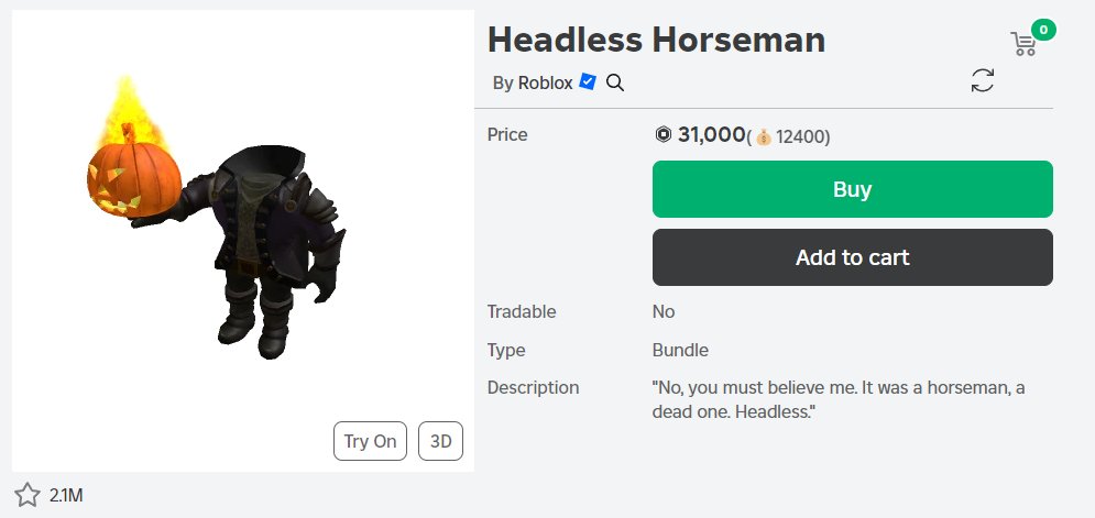 Roblox Marketplace screenshot showing the separate Headless Horseman bundle and its listed price, for comparison only