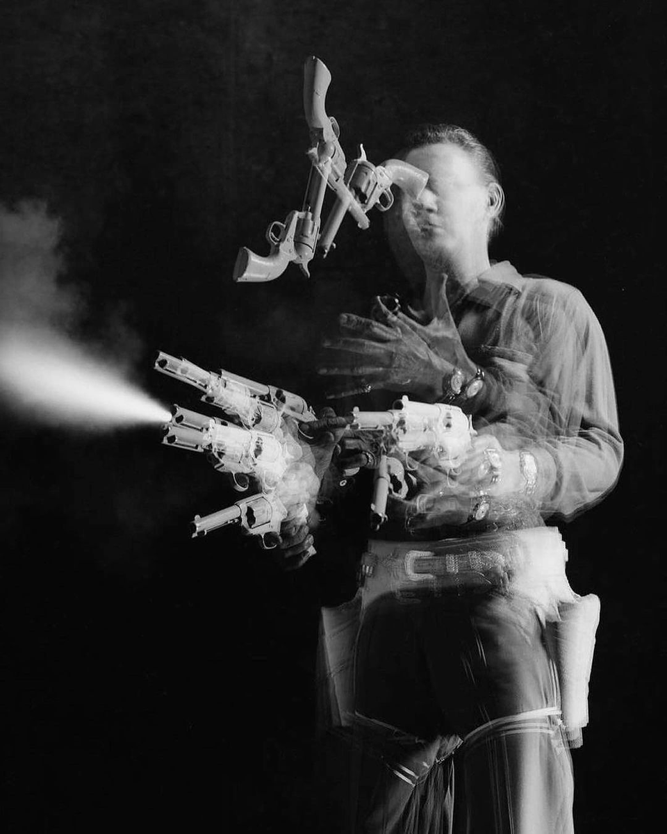 eyeonaxis's tweet image. Multiple exposure shot of Robb Redwing, a professional stuntman performing a "border-shift" quickdraw. 1956