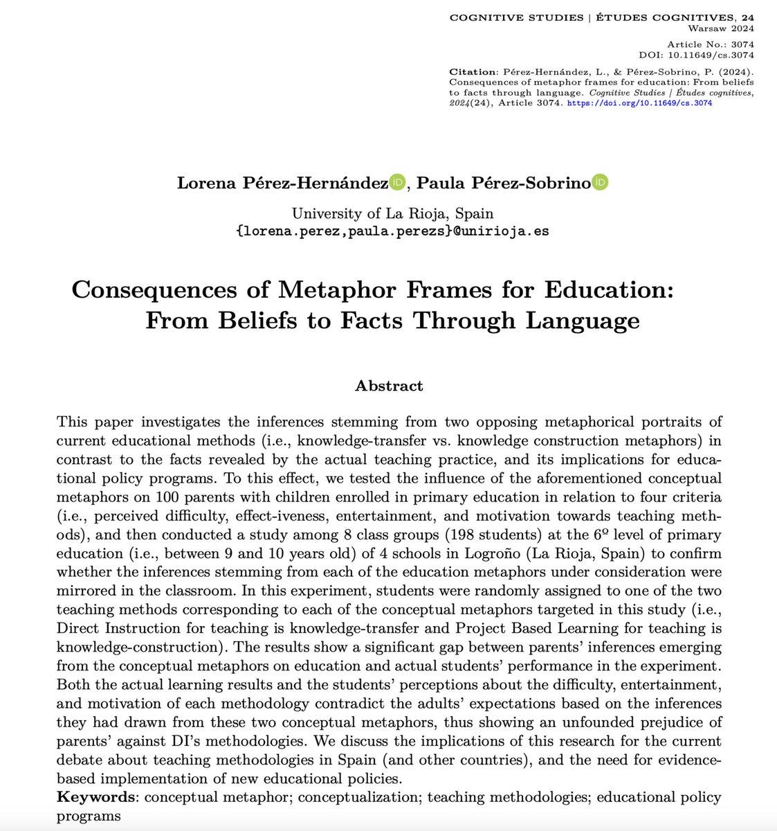 ¿Cómo influye la forma de hablar sobre los métodos educativos en nuestras expectativas sobre ellos? ¿Se corresponden estas expectativas con la práctica en el aula? En este estudio abordamos estas preguntas en relación a la #InstrucciónDirecta y el #ABP. 🧵Con <a href="/paulapsobrino/">Paula P Sobrino</a>