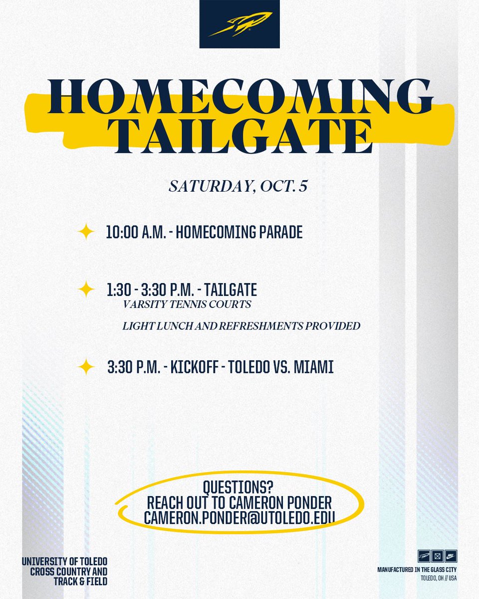 Homecoming is this weekend! 🤩

Join us for the homecoming parade followed by a tailgate before heading to the Glass Bowl for the football game. 

Reach out to Assistant Coach Cameron Ponder with any questions.

#TeamToledo