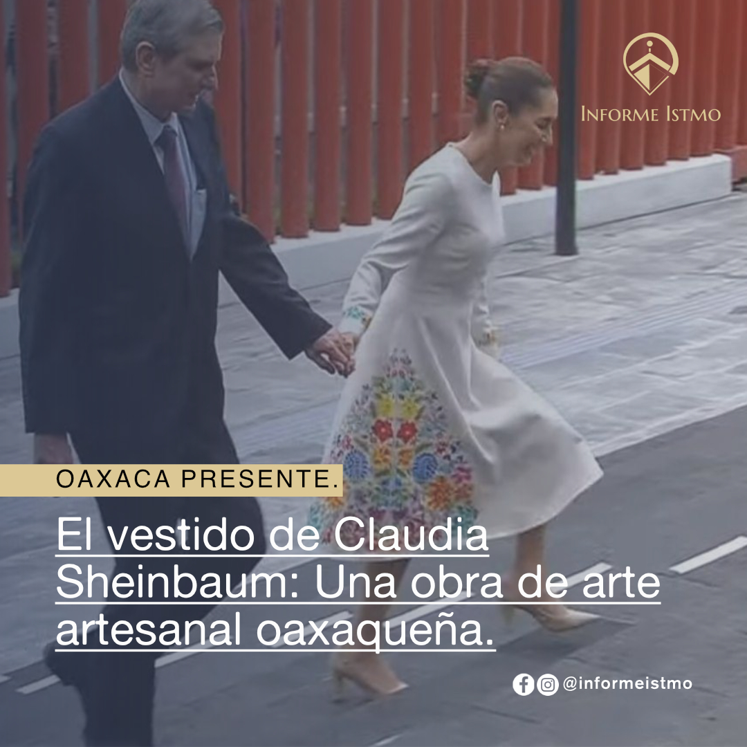 informeistmo's tweet photo. El vestido que porta la #presidenta Claudia Sheinbaum este martes, pieza única de color marfil, bordada a mano, fue elaborada por Claudia Vásquez, artesana originaria de Santa María Xadani, #Oaxaca, especializada en la creación de textiles tradicionales del Istmo de Tehuantepec. https://t.co/m0XvRuivrJ