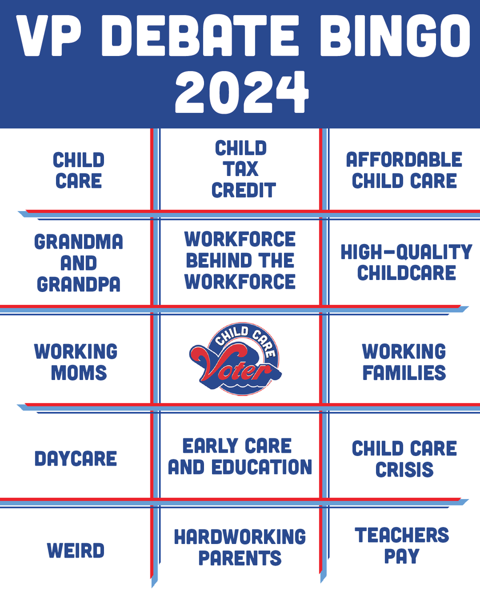 Get ready for the VP debate with a twist— #ChildCareVoter Bingo! 🎉 Watch, play, and listen for the issues that matter most, like child care, parental leave, and working families.

Let's make sure we vote for candidates who will fight for the future we want for our kids!