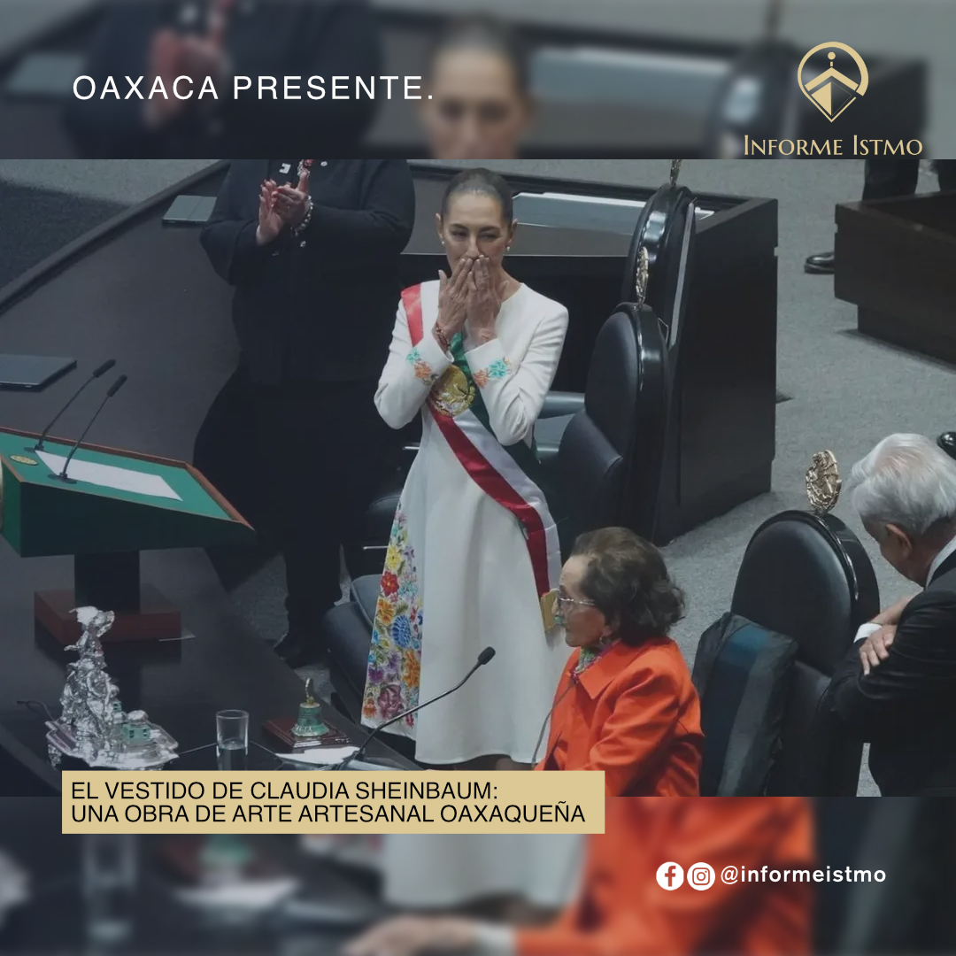 informeistmo's tweet photo. El vestido que porta la #presidenta Claudia Sheinbaum este martes, pieza única de color marfil, bordada a mano, fue elaborada por Claudia Vásquez, artesana originaria de Santa María Xadani, #Oaxaca, especializada en la creación de textiles tradicionales del Istmo de Tehuantepec. https://t.co/m0XvRuivrJ