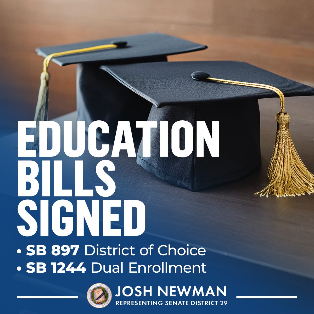 Senator Josh Newman (@joshnewmanca) on Twitter photo Exciting news for California students and parents – two of my education bills were signed by <a href="/CAgovernor/">Governor Gavin Newsom</a> Gavin Newsom over the weekend.
SB 897 makes the District of Choice program permanent in the state. DOC allows students to transfer into participating districts without Exciting news for California students and parents – two of my education bills were signed by <a href="/CAgovernor/">Governor Gavin Newsom</a> Gavin Newsom over the weekend.
SB 897 makes the District of Choice program permanent in the state. DOC allows students to transfer into participating districts without