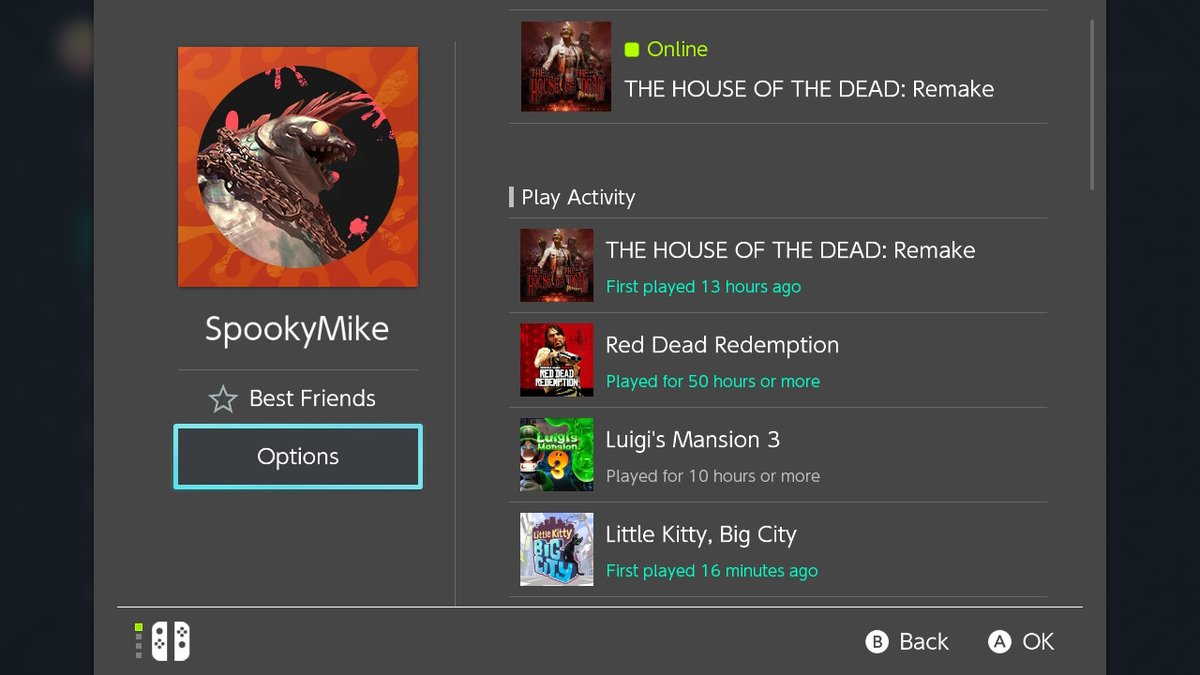 MegaMike64's tweet photo. It's officially October now. I thought it might be fun to spice up my Switch profile with a spooky banner and username, and bump a few appropriately themed games to the top of my activity feed. RDR is included for its Undead Nightmare campaign. I still need to play through that. https://t.co/gN19C5G4SM